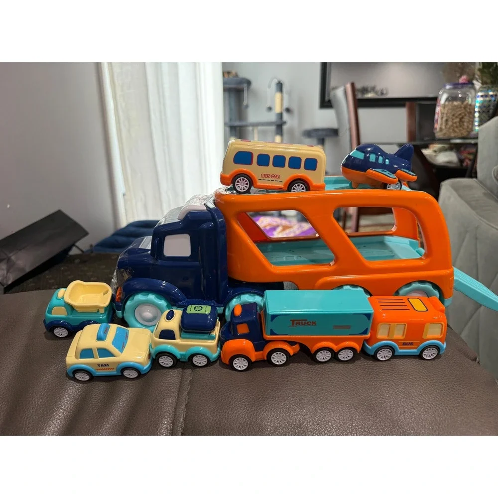 Toy Car‎ Carrier Truck Playset With Mini Cars Bus Airplane Yellow Blue Orange